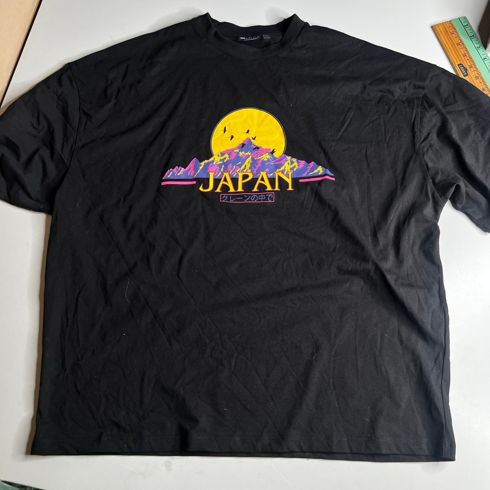 ASOS DESIGN Mens Large Black Japan Graphic Oversized T-Shirt Vaporwave Retro Sun